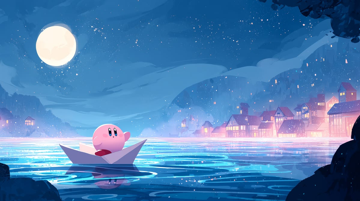 Kirby navegando em um lago iluminado pela lua no universo da Yumi